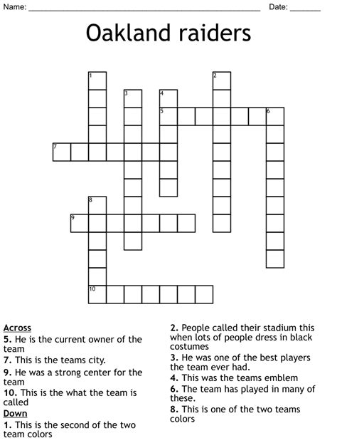 The most likely crossword and word puzzle answers for the clue of Oakland Raiders Coach. Quizzes; Events; Quiz Creation; Community; Videos; Private Events; ... Explore more crossword clues and answers by clicking on the results or quizzes. ... My Top 100 Wide Receivers of All-Time 83%. JOSH JACOBS. Oakland …